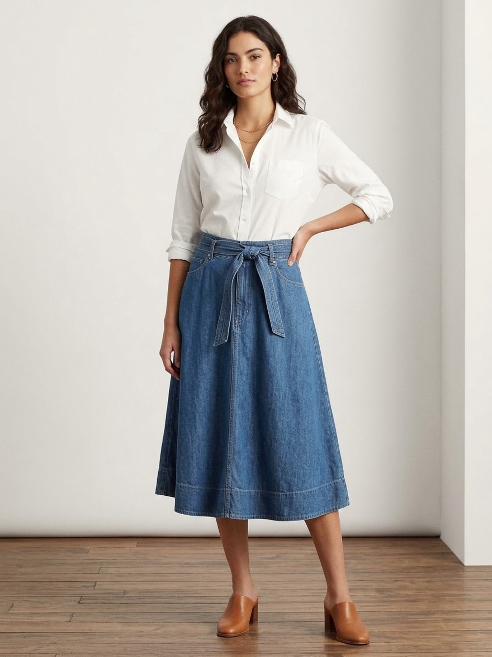Lauren Ralph Lauren Belted Denim/Chambray Midi Skirt, size 14